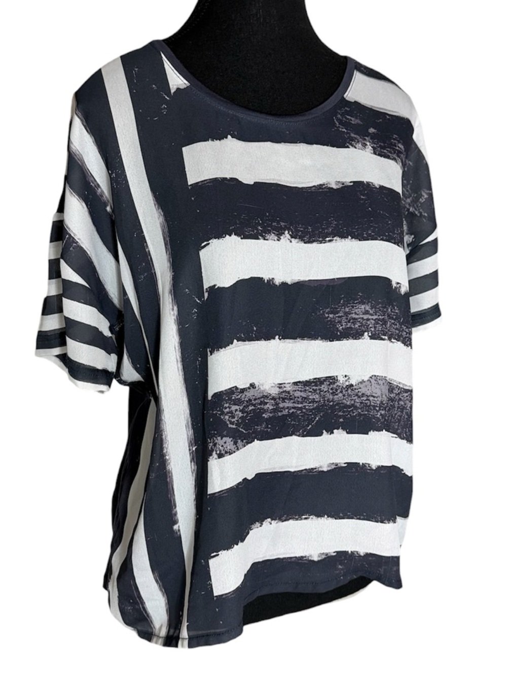BETTY BARCLAY Abstract Striped Chiffon Front Short Sleeve T-Shirt Medium Large